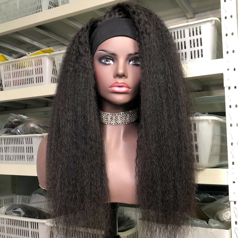 

150% Density Kinky Straight Human Hair Wigs Glueless Headband Wig Brazilian Remy Human Hair Full Machine Made Wig Natural Color
