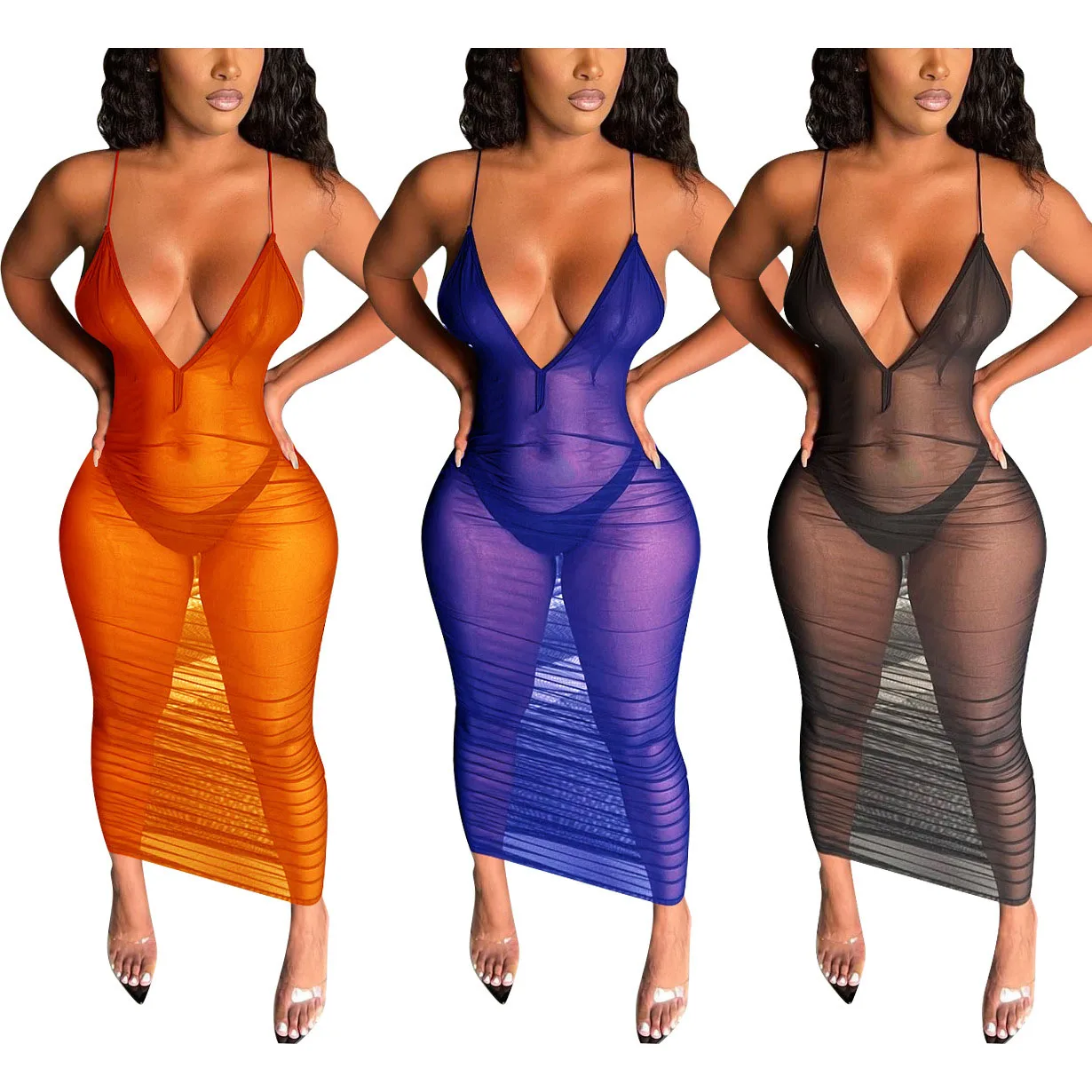 

FS3112D Sexy Mesh See Through V-neck Sling Maxi Dresses Women Summer long Dress