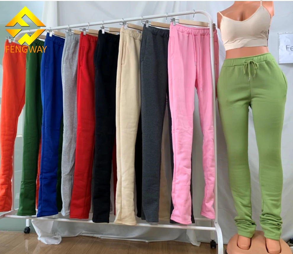 

Woman Clothing Vendor Mid Waist Thick Stacked Pants Legging Thick Stacked Sweatpants Women, White, yellow, gray, green, black, pink, blue