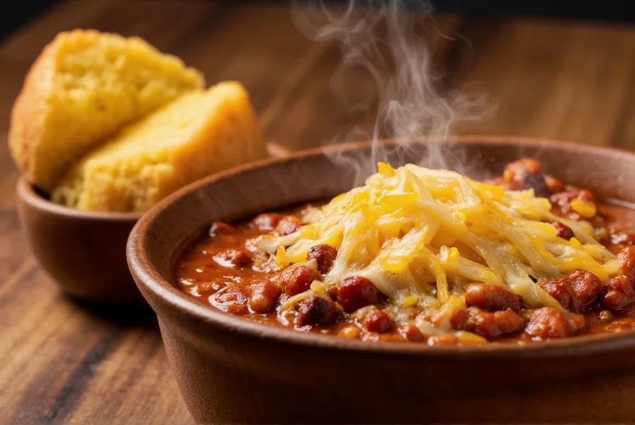 Close-up of steaming bowl of chili with melted cheese topping, served with side of cornbread in a rustic wooden bowl