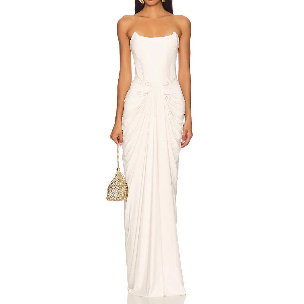 Strapless Pleated Floor Length Evening Gown