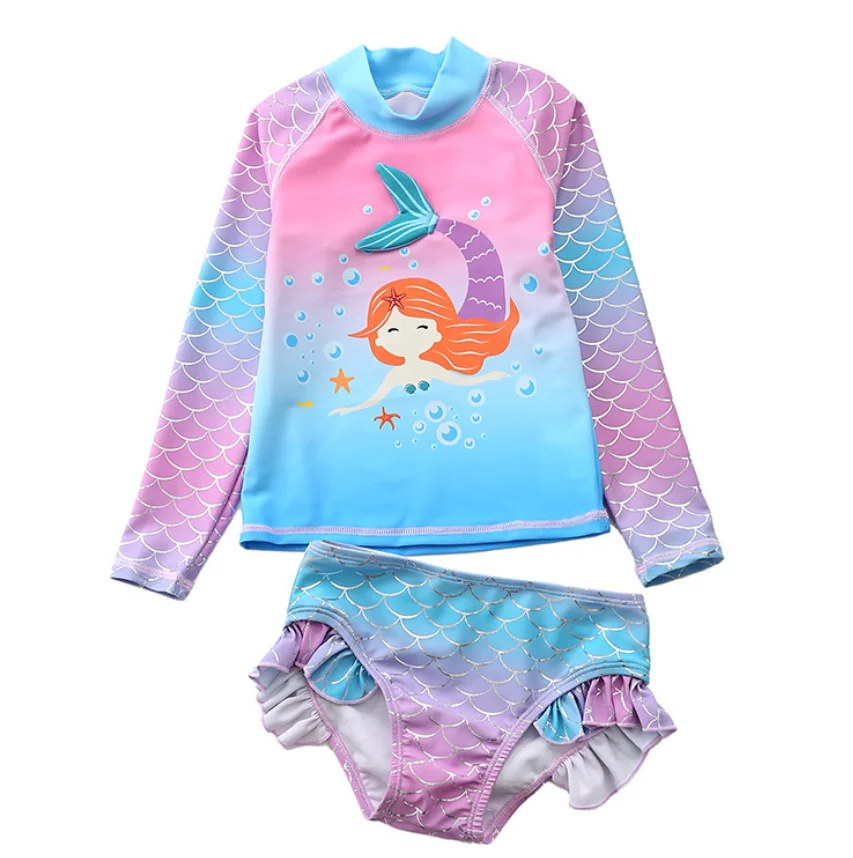 

Baby Girls Rash Guard Swimwear Long Sleeve Two Piece Set Mermaid Printing Swimsuit, As pictures shown