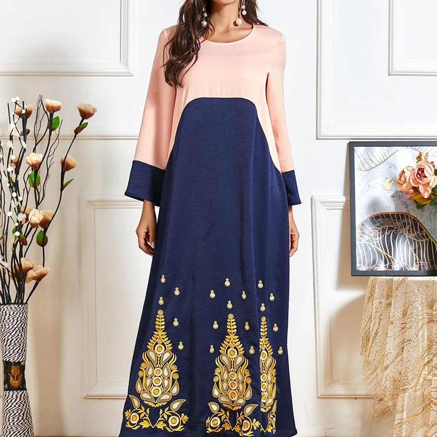 

High Quality Knitted Printed Pleated Splicing Muslim Long Women Dresses Elegant, As pic