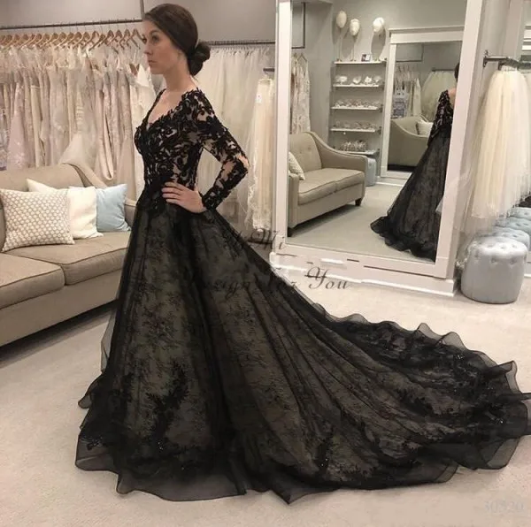 

Vintage Long Sleeves Very Long Tail Black Lace Champagne Lining Wedding Gown, Black and champagne