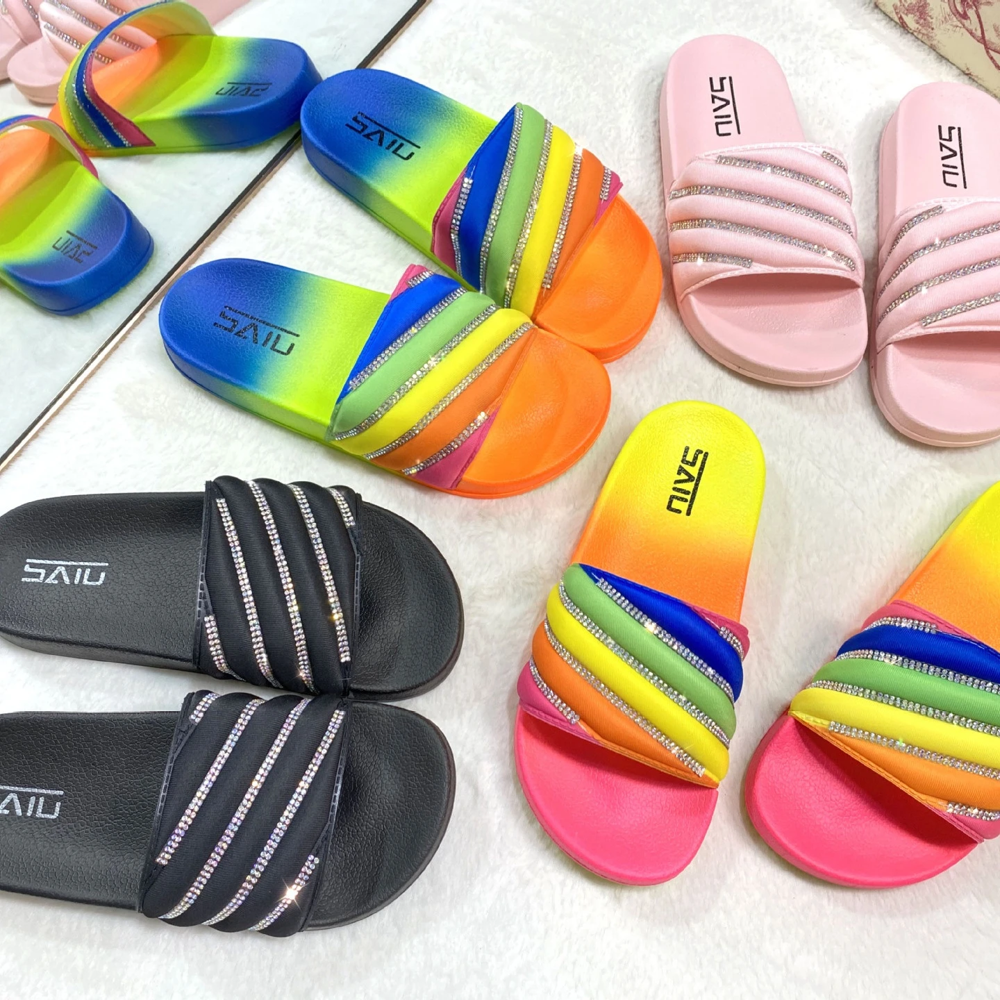 

Amazon High Quality New Arrivals Summer Ladies Girls Outdoor Beach Rainbow Diagonal Drill One Word Slippers Women Slippers, 3 colors