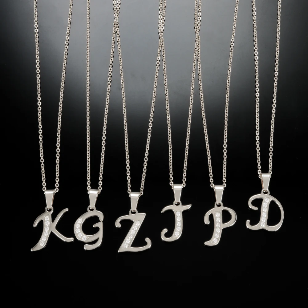 

A-Z 26 English CNC Inlaid CZ Letter Smooth Atmospheric Titanium Steel Necklace with Letter Pendant Chain Necklace