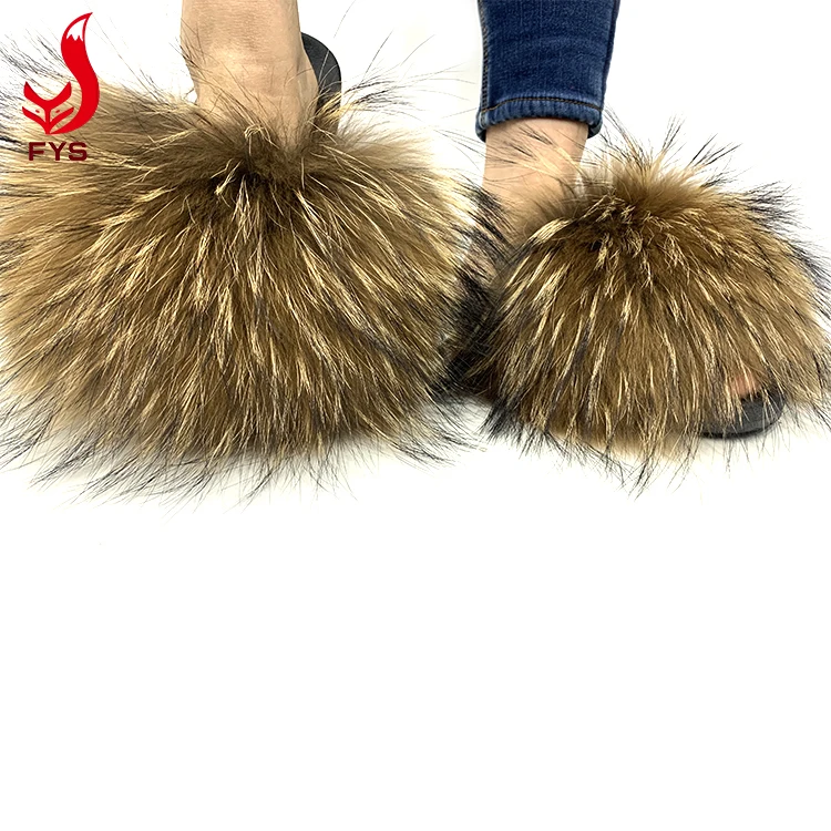 
Custom logo design women and baby real raccoon fur slippers ladies fur racoon slides 