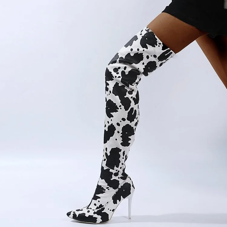 

Hot Selling Sexy Women's Boots Plus Size High Heel Cow Pattern Pointed Zipper Over The Knee Latest Boots For Women