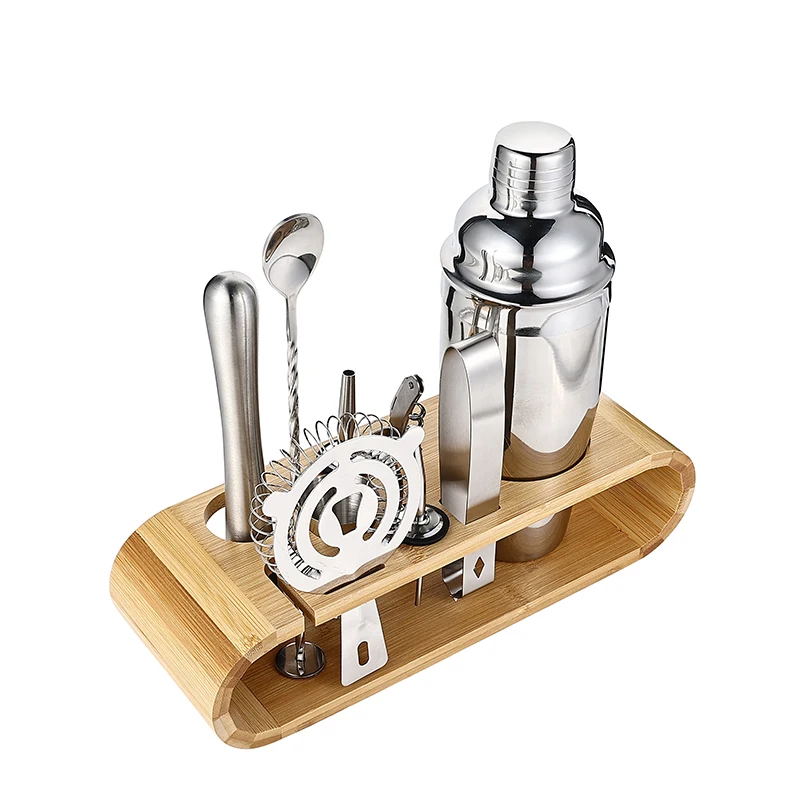 

Custom 750ml Metal Stainless Steel Wine Bar Set Cocktail Shaker Set With Bamboo Stand