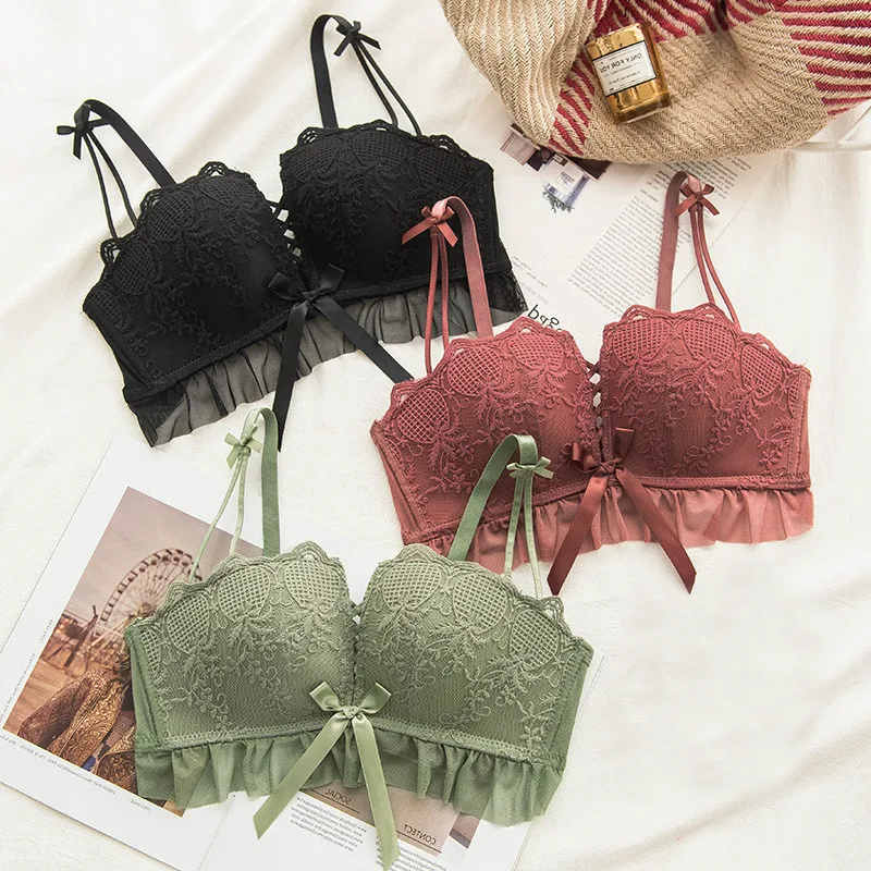 

Sexy women fashion four angle cup lace thick bra push up bow no steel ring adjustable comfort underwear, Red