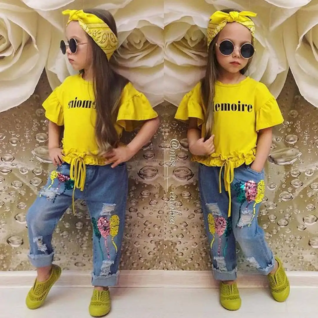 

2021 Kids Children's Flare Sleeve + Sequin Balloon Ripped Jeans Girls Set