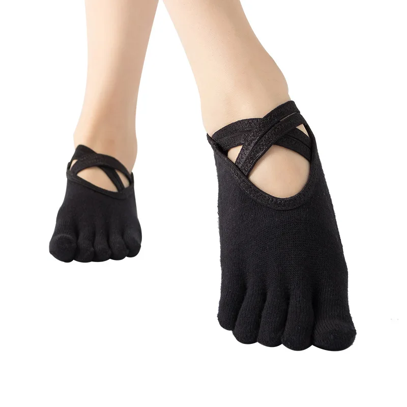 

yoga black pilates dance socks for women non-slip grips straps five toe sock custom logo