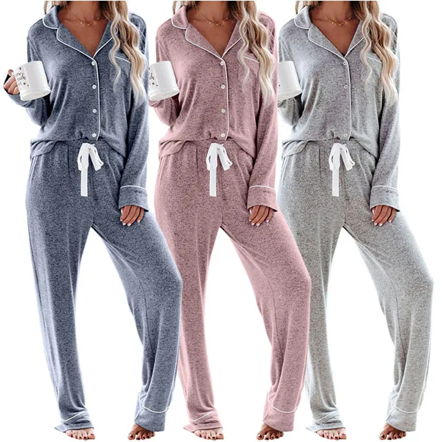 

High Quality Solid Color Long-Sleeved Trousers Buttoned Pajamas For Ladies Two-Piece Pajamas
