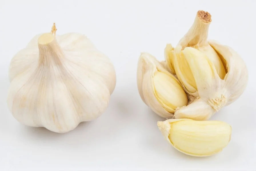 Close-up comparison showing whole garlic bulb with individual cloves separated and peeled