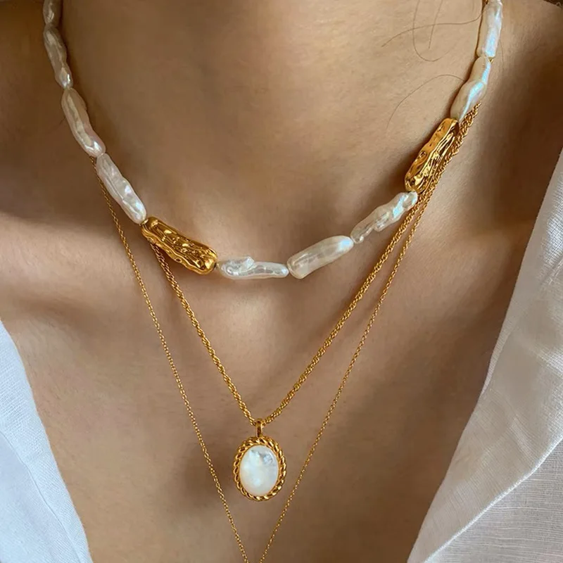 Aimgal Natural Baroque Freshwater Pearl Necklace 18K Gold Retro OT Buckle Brass Plated Clavicle Chain Elegant Party Gift