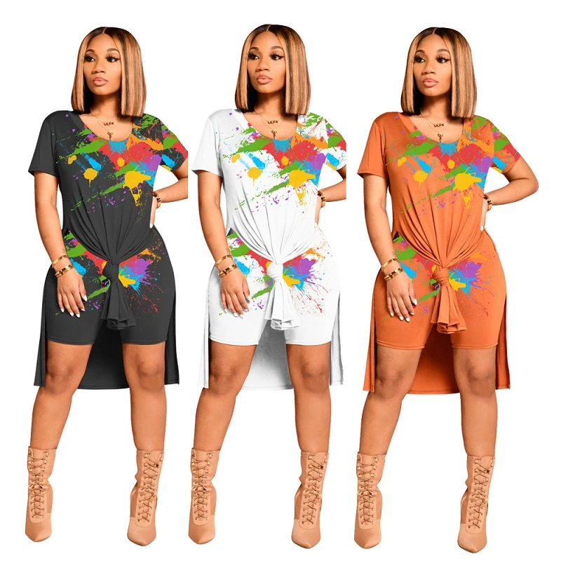 

MD-20060908 Wholesale two piece sets 2021 women casual new two piece sets short sleeve women's ink-jet print shorts set
