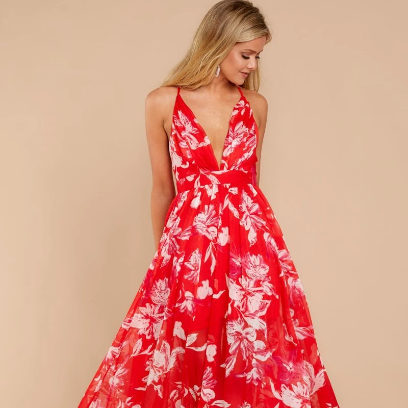 

New women's summer straps beach dress bohemian flower long dress