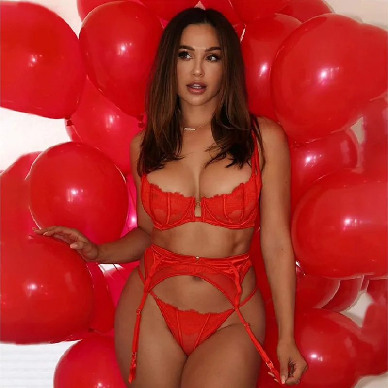 

Private label classic heavy craft lace mesh three piece women lingerie set