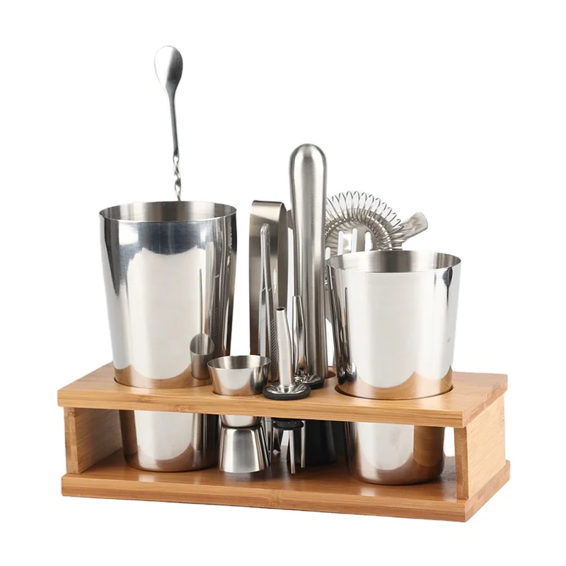 

10-piece boston stainless barman cocktail shaker set with wooden stand coqueteleira bartender kit, Accept customize