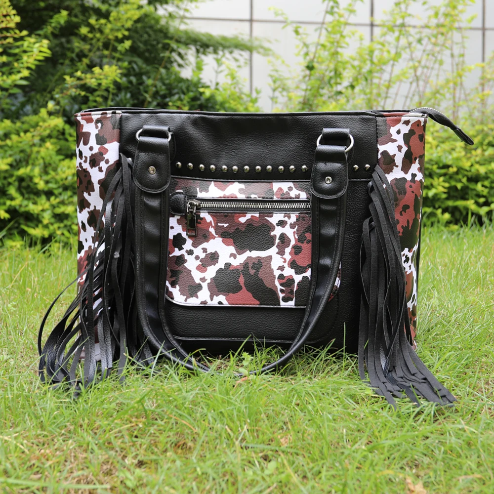 

Free Shipping Black with Brown Cow Vegan Leather Collection Women Concealed Handgun Tote Bag with Tassel Lady Carry Fringe Purse, Sunflower,leopard,cowhide etc.or as request.