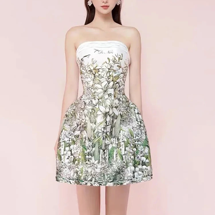

Bettergirl 2023 Women Vietnamese Design Green Flower Print Strapless Little Dress For Women Short Skirt With Waist Halter Dress
