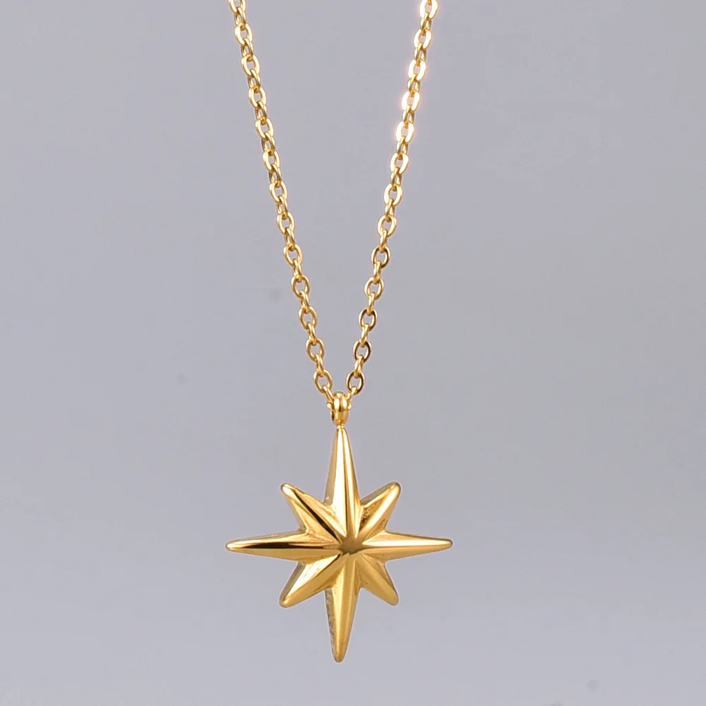 

Fashion Latest Geometrical Stainless Steel Star Pendant Necklace 18K Gold Plated Eight Pointed Star Women Necklace