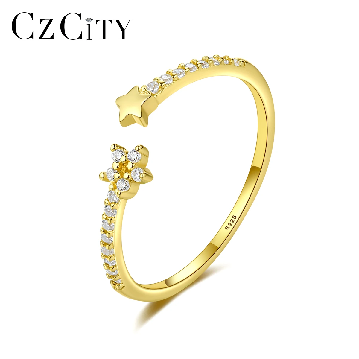 

CZCITY 14K Gold Plated 925 Sterling Silver Cubic Zirconia Star Flower Open Cuff Rings for Women Silver Ring