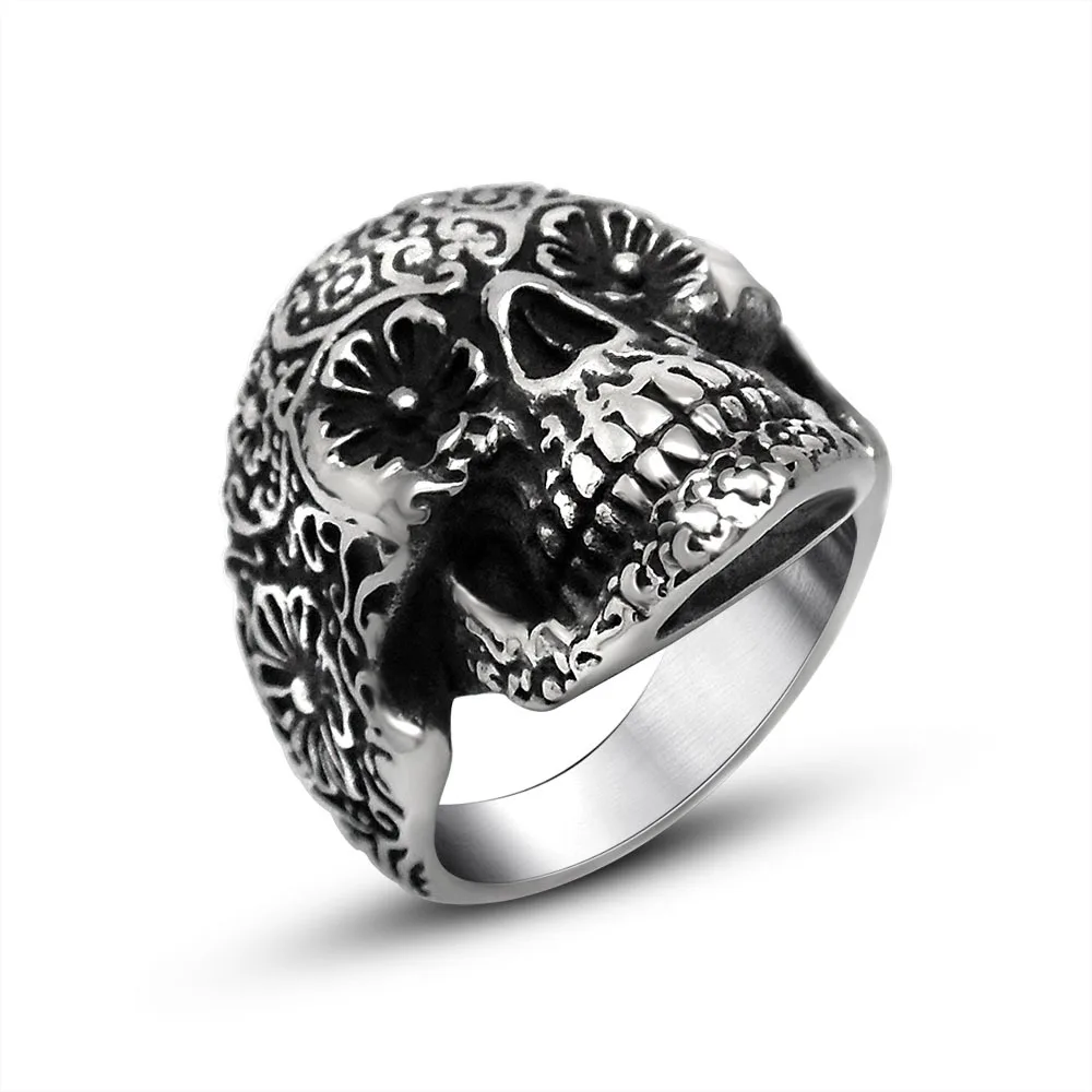 

Ruigang Man Fashion Vintage Cool Punk Rock Flower Vampire Skull Head Titanium Stainless Steel Ring, Black