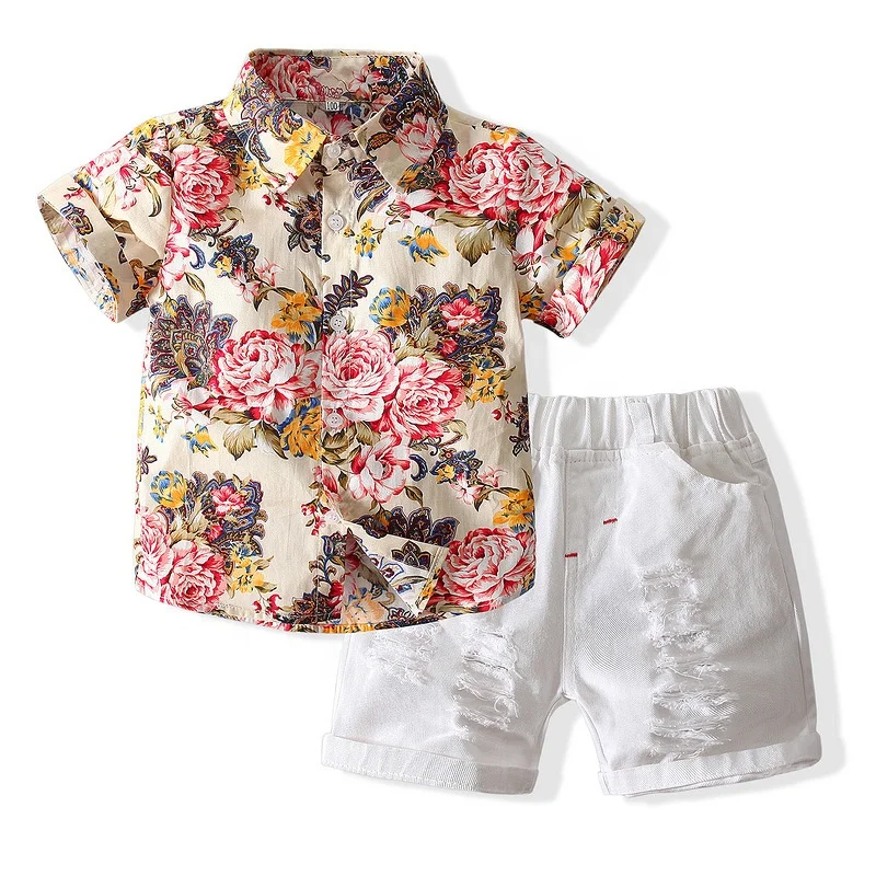 

new arrival flower shirt white ripped shorts gentleman Fashion baby boy clothes set