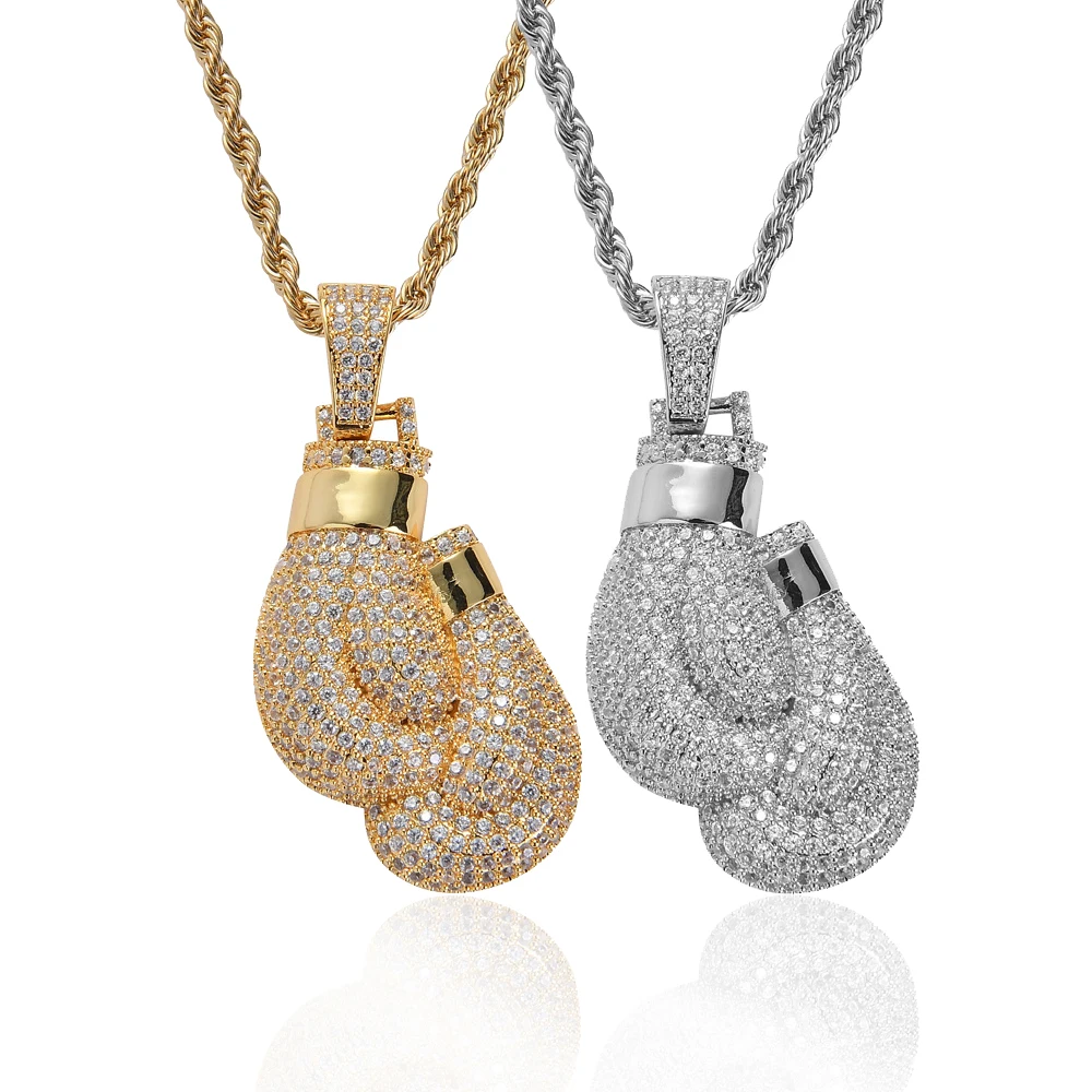 

Hip Hop Rock Personality Ice Out Gold Or Silver Copper Cubic Zirconia Boxing Pendant Necklace, Gold/silver