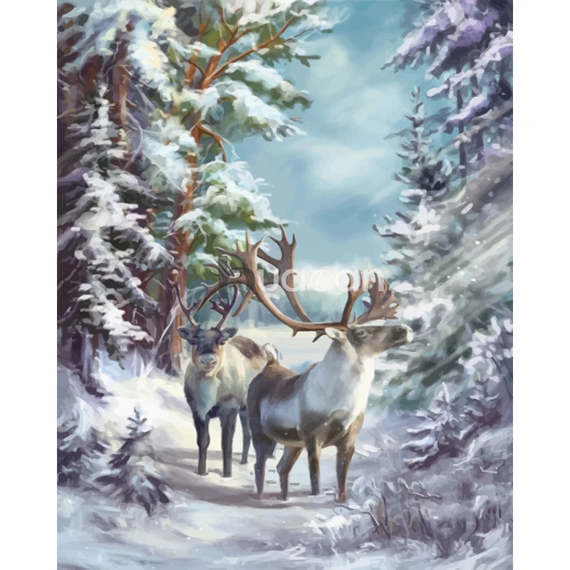 

HUACAN Oil Diy Painting By Number Winter Reindeer Dropshipping Ready Frame Mosaic DIY Mosaic Paint By Numbers Christmas