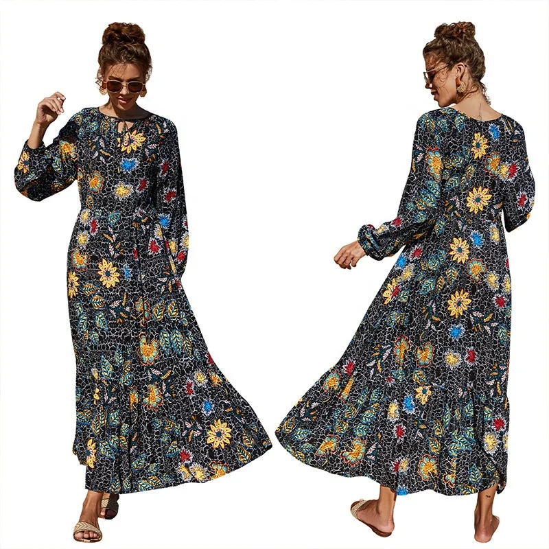 

Early Spring Printed Dress Casual Long Sleeve Loose Swing Dress Square Collar Sweet Temperament High Waist Long Dress, Maple leaf yellow dark green