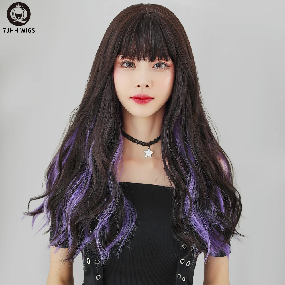 

7JHH WIGS Wholesale 150% Density Black With Purple Long Curly Wig With Bangs 24 Inches Synthetic Hair For Women Highlighted Wigs, Ombre color