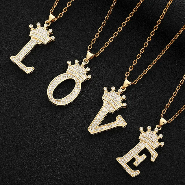 

Fashion Copper Zircon A-Z Crown Alphabet Pendant Necklace Punk Hip-Hop Women Men Initial Name Necklace Jewelry (KNK5294), Same as the picture