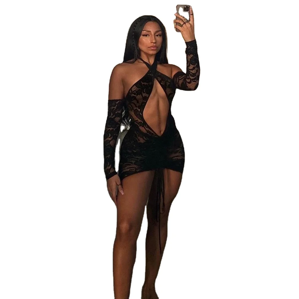 

2022 spring summer women dress fashion black lace halter dress long sleeve sexy bodycon women dress