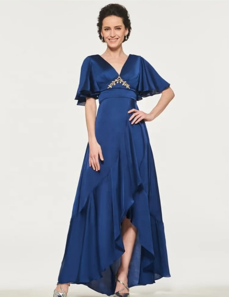 

V neck elegant empire ruffles satin mother of bride dress evening party dress, As picture