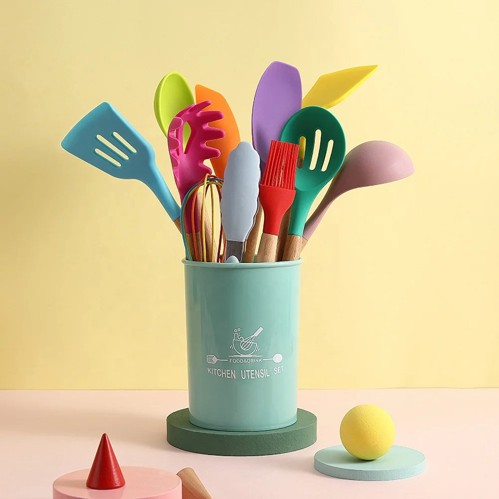 

New Style 12pc/set Kitchenware Wooden Handle Silicone with Storage Bucket Colorful Kitchen Utensils Cooking Accessories