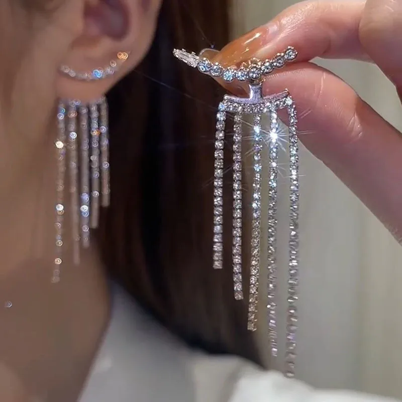 

Luxury Silver Bling Long Tassel Earrings Statement Rhinestone Crystal Earring Women Wedding Daily Jewelry Gifts