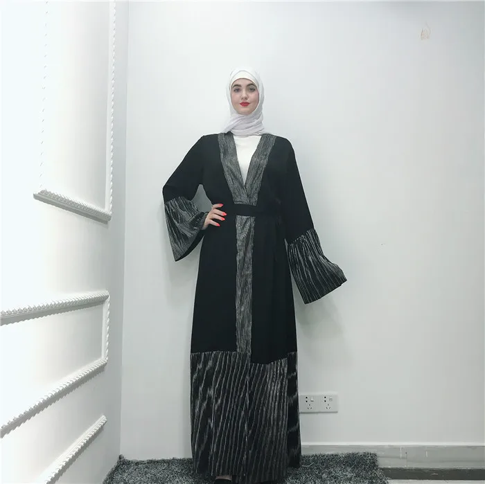 

New fashion wholesale muslim women dress pleated front open abaya, Gray,light purple,black,black with purple