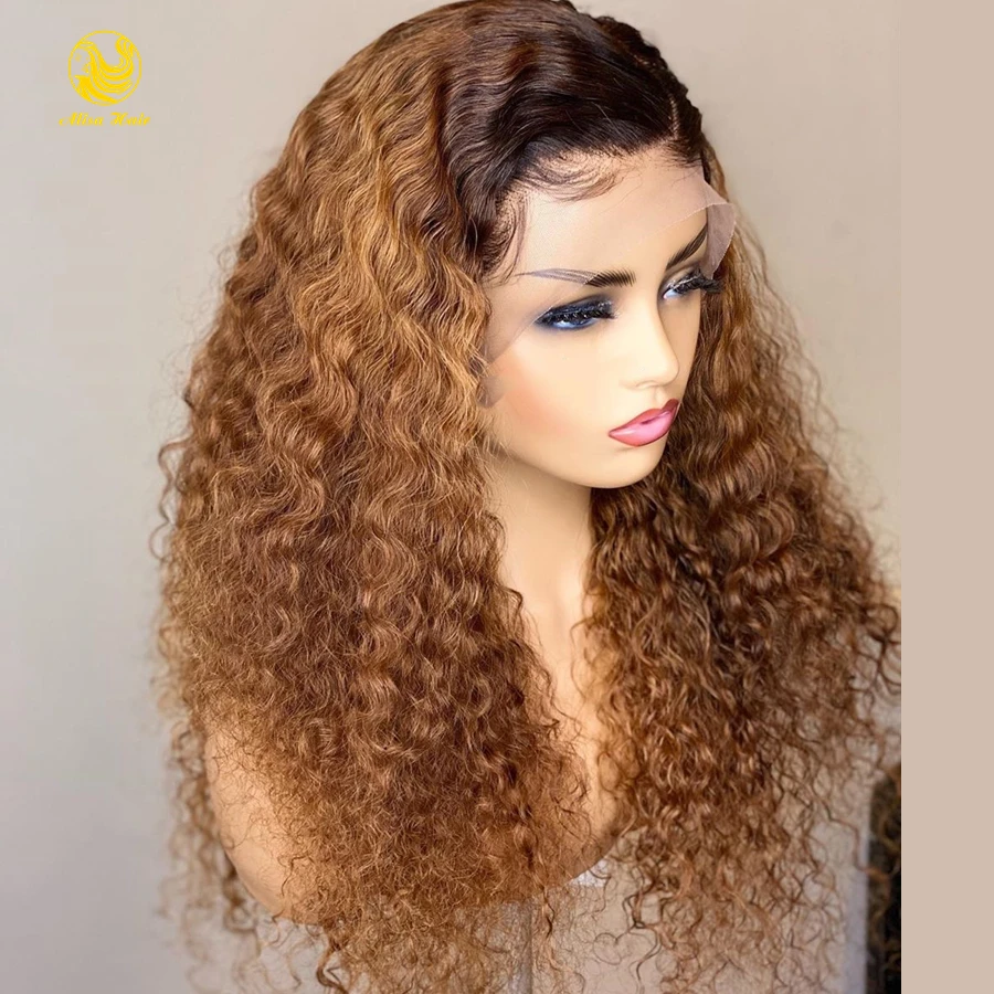 

180% Density Ombre #1B/27 Honey Blonde Color Curly Remy Brazilian Human Hair Lace Front Wigs