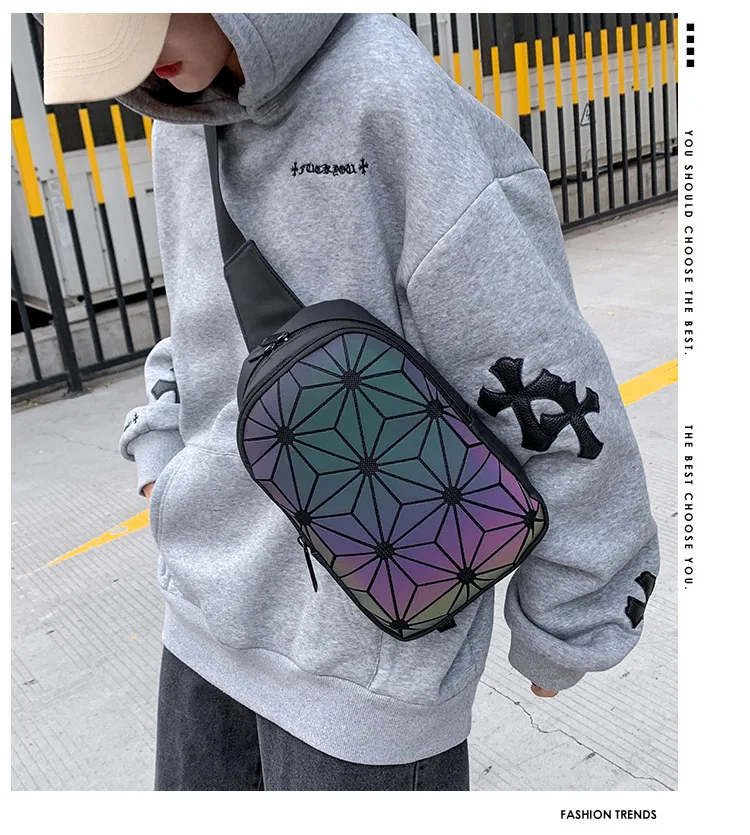

Fashion Hipster Luminous Waist Bags Fanny Packs Belt Geometry Waist Packs holographic Travel Phone Chest Bag, Black, silver, white, red, rose, blue