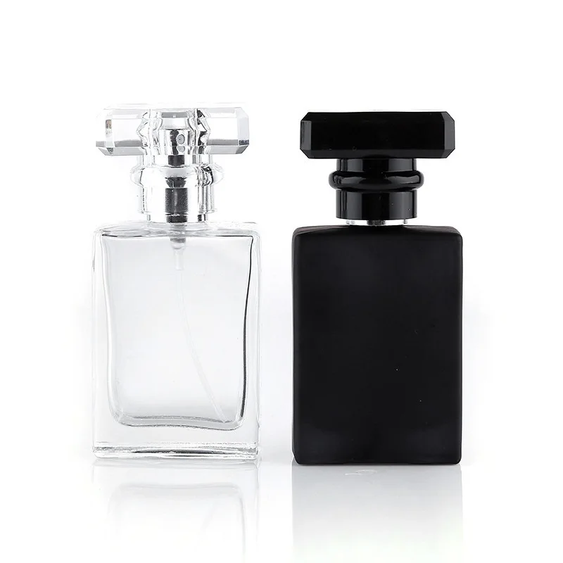 

Refillable Empty 30ml 50ml 100ml Square Transparent Matte Black Glass Perfume Spray Bottles with Screw Neck