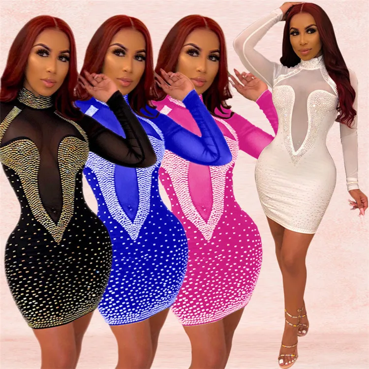 A93086  woman see through dress with rhinestone womens clothing latest design 2020 Women sexy shining night club dresses