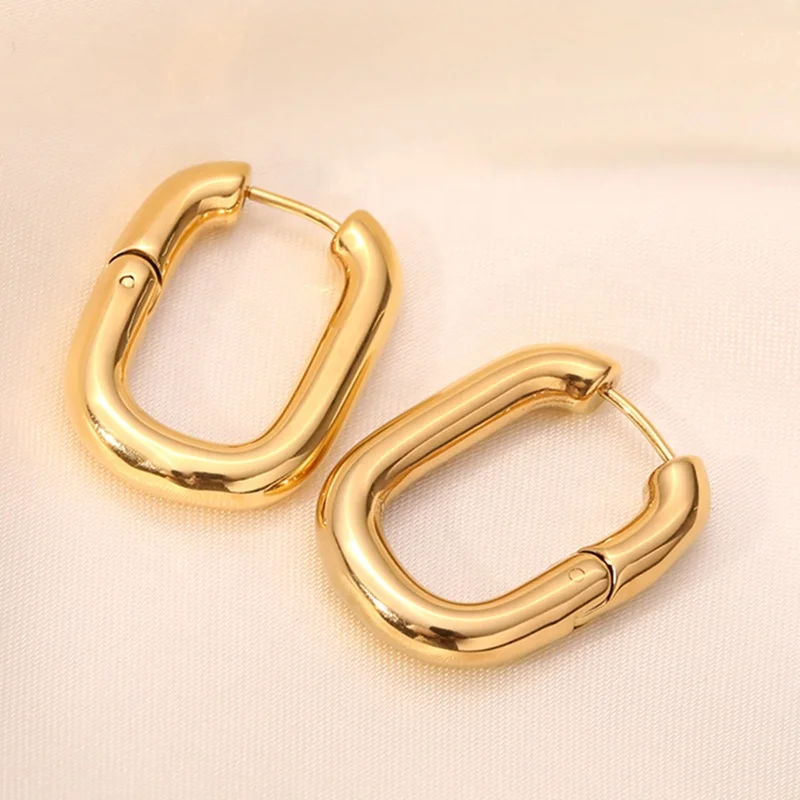 

Womens Fashion Jewelry Plated 18K Gold Stainless Steel Oval U-shape Earring Rectangle Drop U Shaped Hoop Ladies Earrings, As picture