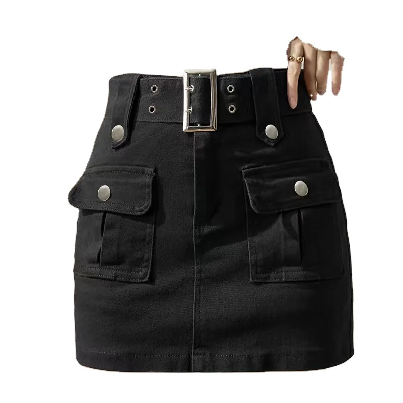 

High waisted denim skirt with belt design for women's versatile 2023 summer A-line buttocks short skirt