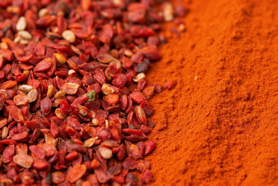 Close-up of cayenne pepper powder next to red chili flakes for visual comparison of texture and color