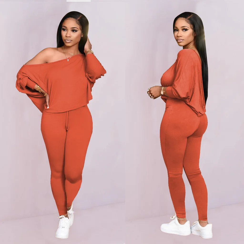 

Solid Color Inclined Shoulder Ladies Set Top And Trouser Autumn Clothes Women Casual Outfits Two Piece Long Sleeve Pants Sets-PT, Orange,pink,gray,black,army green