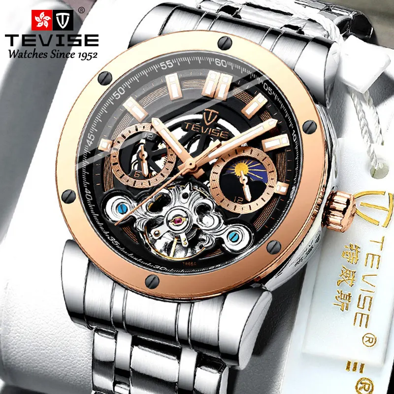 

2021Hot Sales Product Genuine Leather Moon Watch Skeleton Tourbillon Wristwatches Automatic Mechanical Watches For Men, Optional