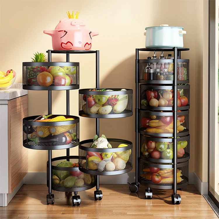 

Kitchen Rotating Shelf 360 Degree Baskets Fruit Vegetable Storage Rack Floor Round Household Multi-function Shelf With Wheels, Black