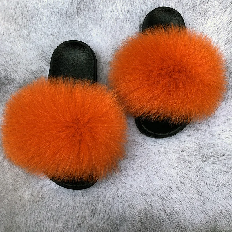 
2020 fluffy fox fur slippers designer slides for women 